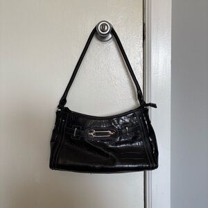 Black Crocodile-Embossed Shoulder Bag